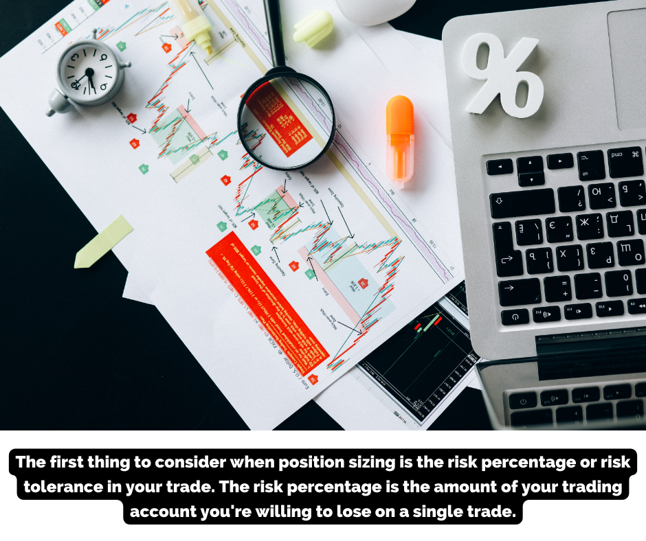 The first thing to consider when position sizing is the risk percentage or risk tolerance in your trade.  The risk percentage is the amount of your trading account you're willing to lose on a single trade.