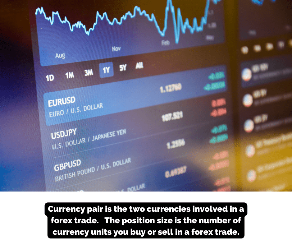 Currency pair is the two currencies involved in a forex trade.   The position size is the number of currency units you buy or sell in a forex trade.