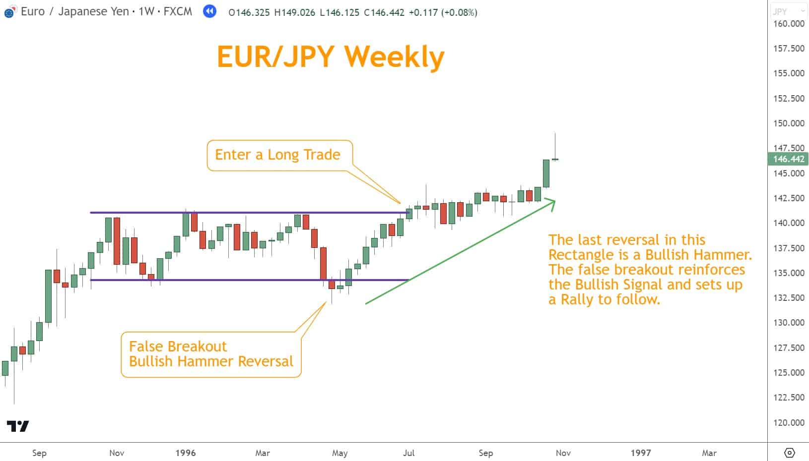 If a Rectangle pattern forms and a Hammer Candlestick pattern appears, it may suggest a Rally. 