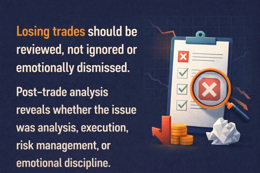 Losing trades should be reviewed, not ignored or emotionally dismissed.