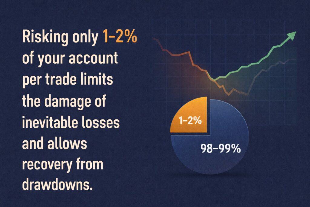 Risking only 1-2% of your account per trade limits the damage of inevitable losses and allows recovery from drawdowns.
