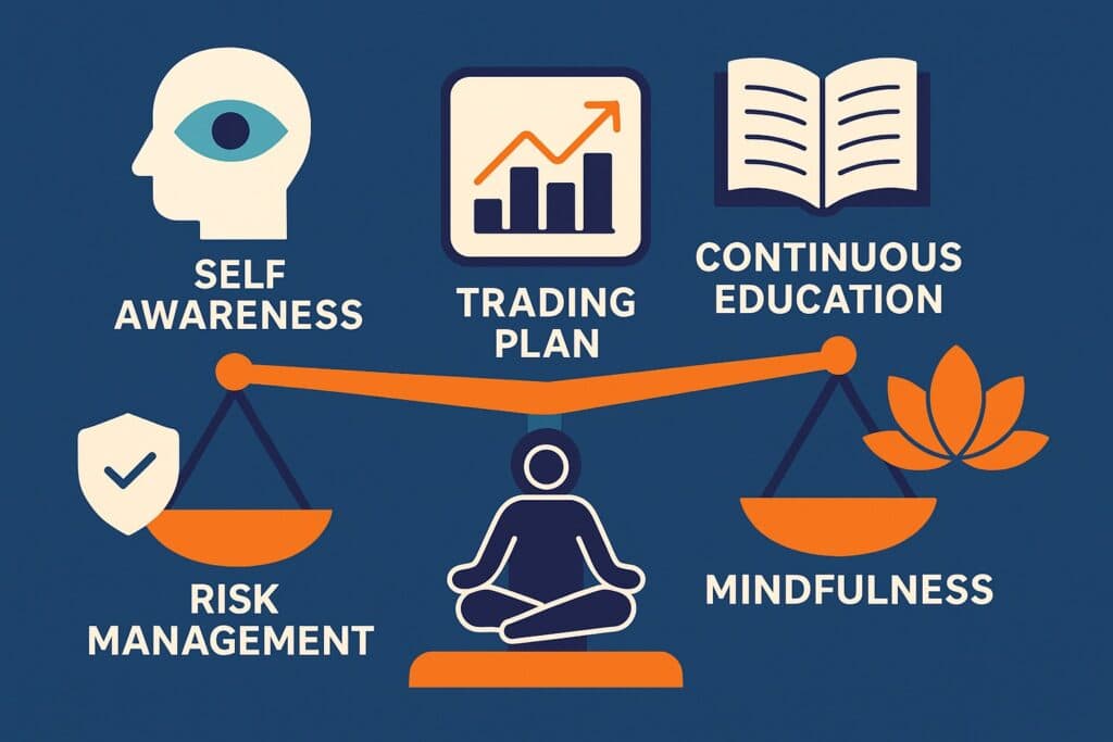 Trading psychology includes self awareness, trading plans, continuous education, risk management, mindfulness